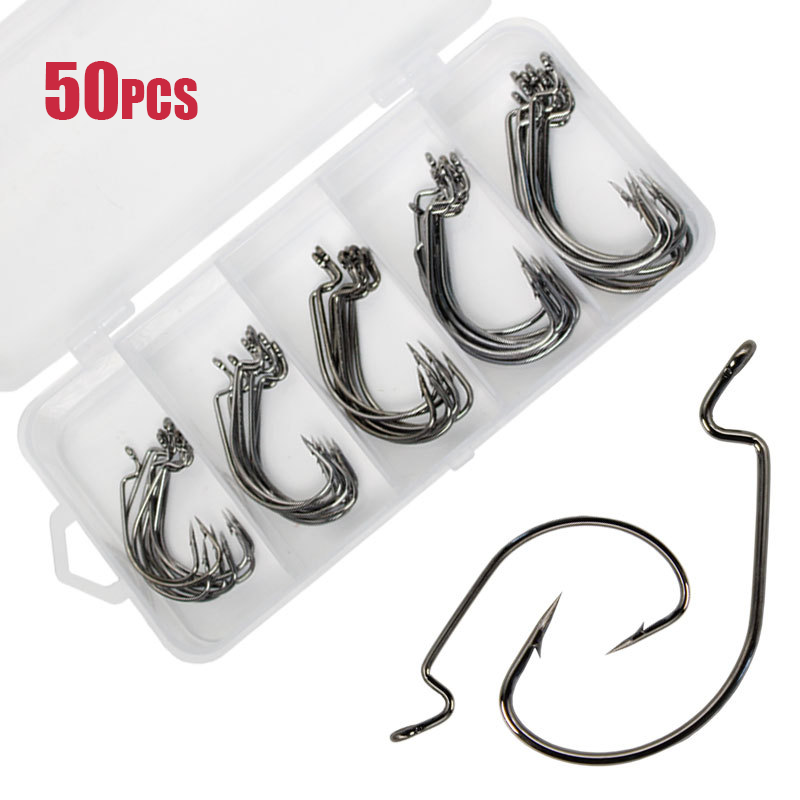 50 個ワイドワームフック炭素鋼オフセット釣り針低音有刺鉄線 - Fishing Hook Barbless のレビューと価格